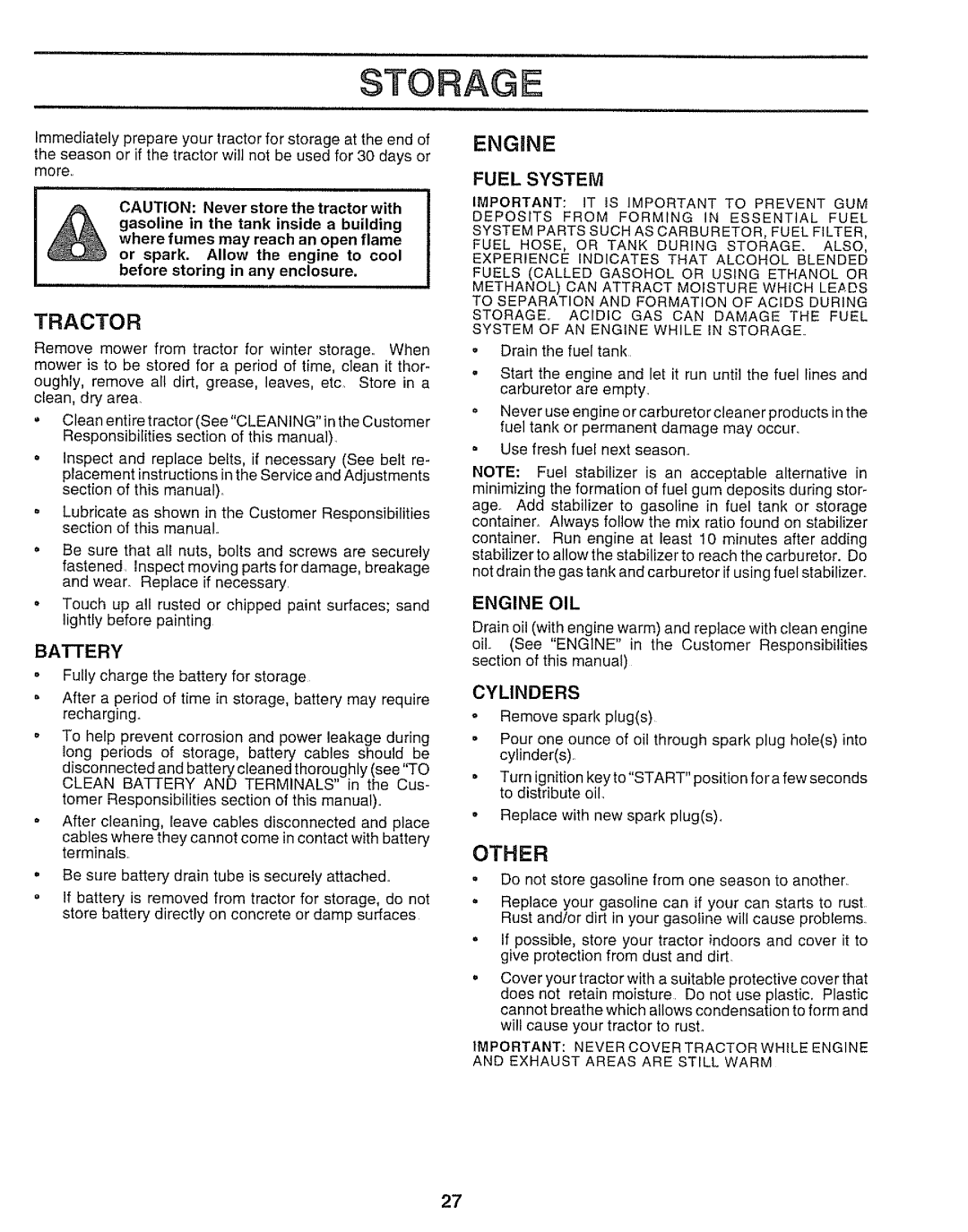 Sears 917.250551 manual Storage, Other, Battery, Fuel System, Engine OIL 