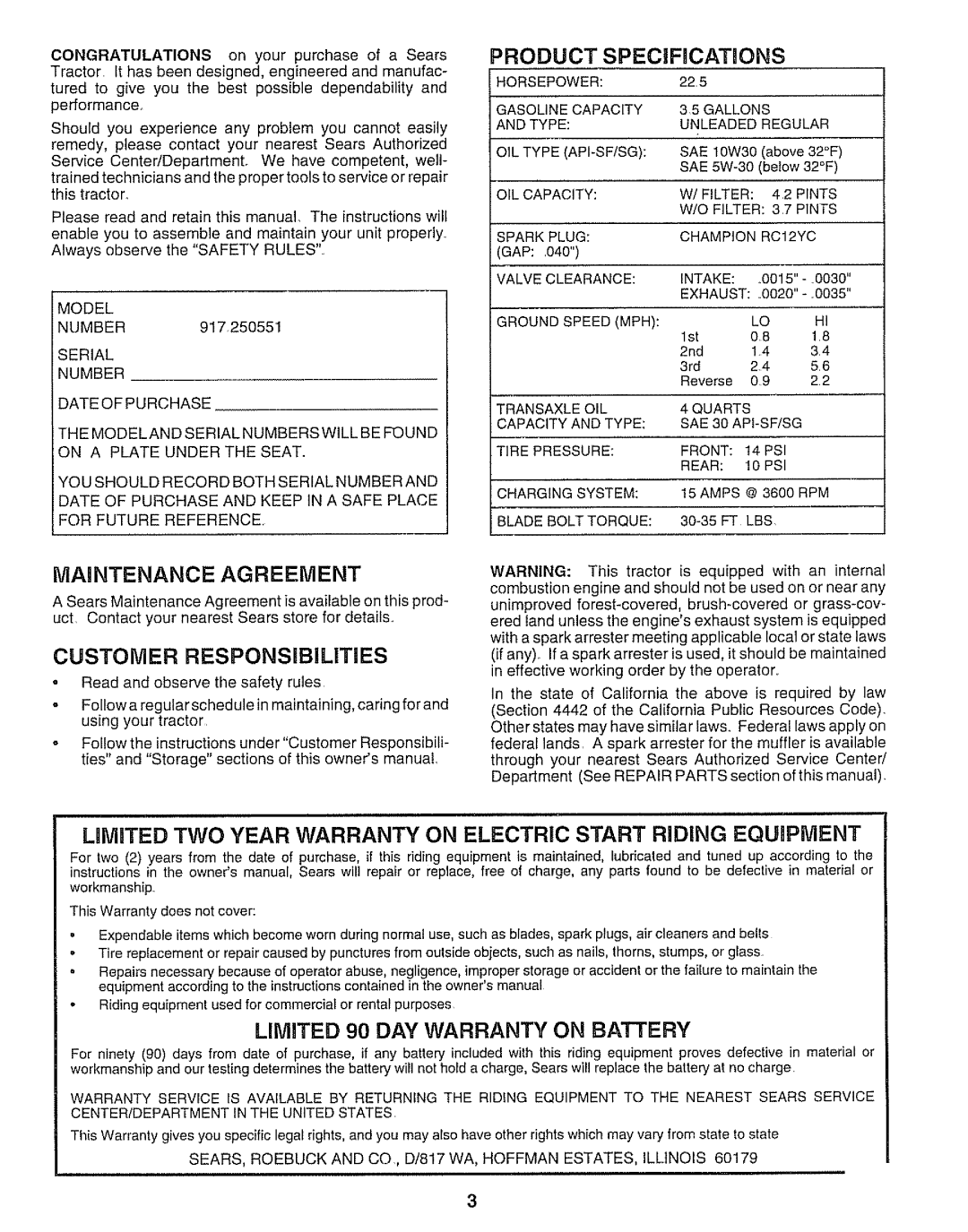 Sears 917.250551 manual Maintenance Agreement, Customer Responsibilities, Product Specifications, Model 