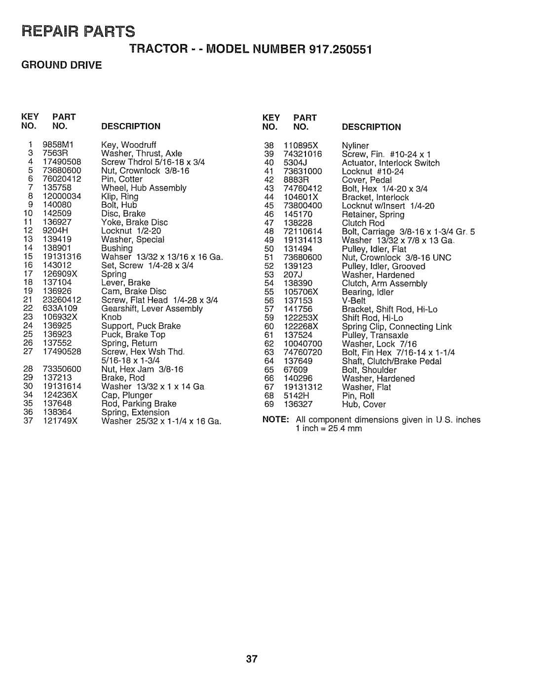 Sears 917.250551 manual Repahr Parts, Ground Drive 