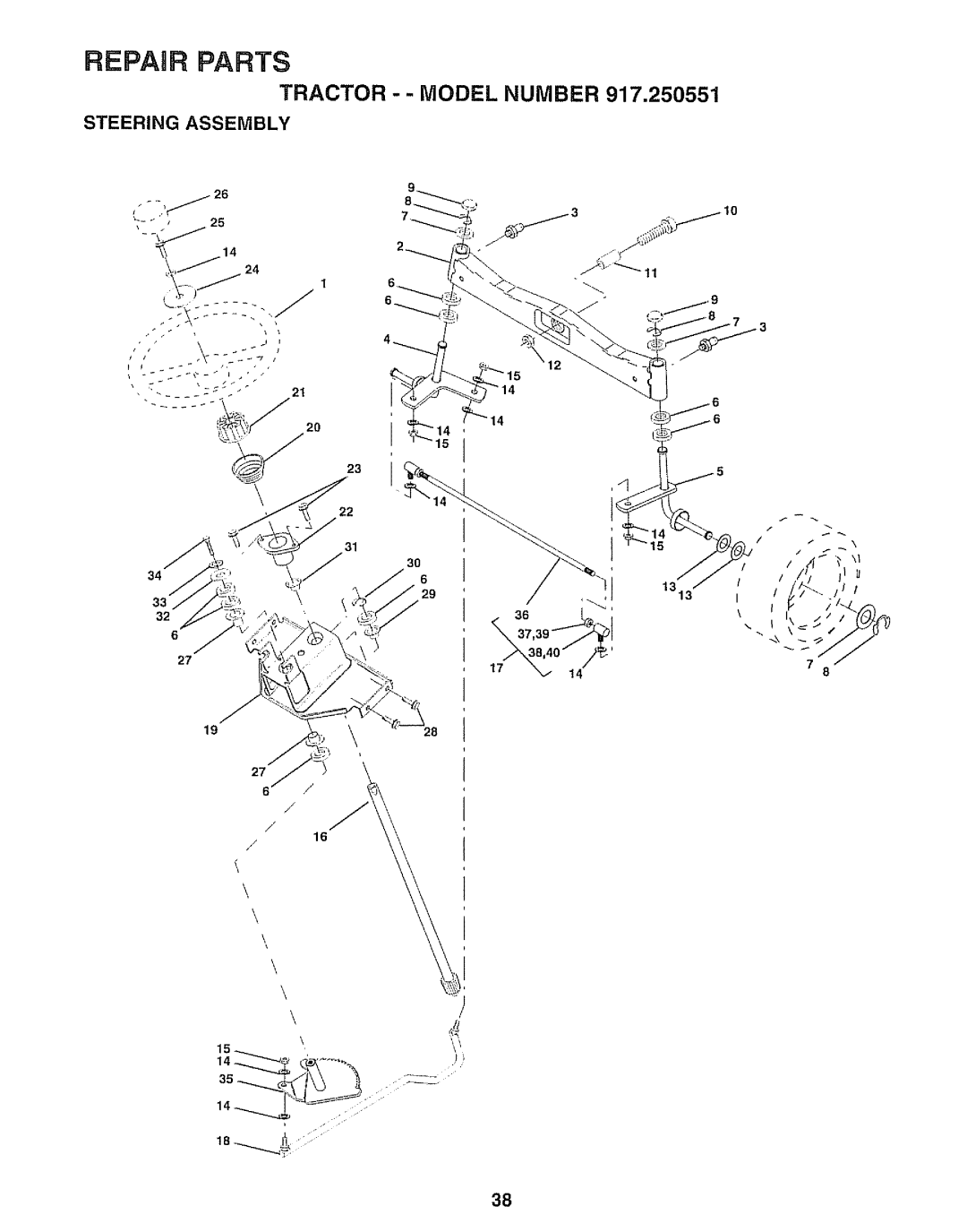 Sears 917.250551 manual Repair Parts, Steering Assembly 