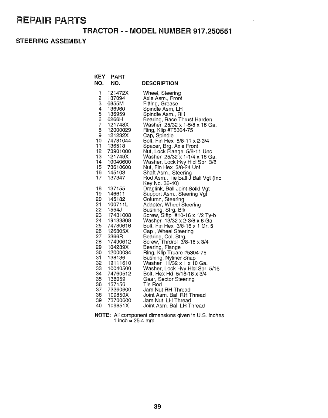 Sears 917.250551 manual Reparr Parts 