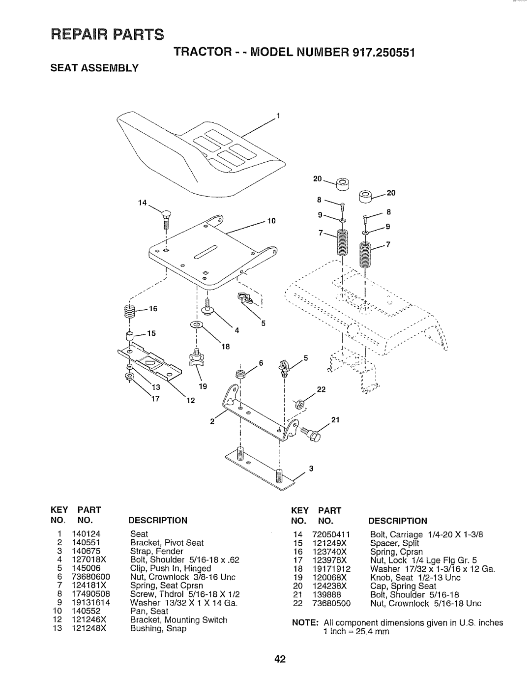 Sears 917.250551 manual Tractor - Model Number, Seat Assembly 