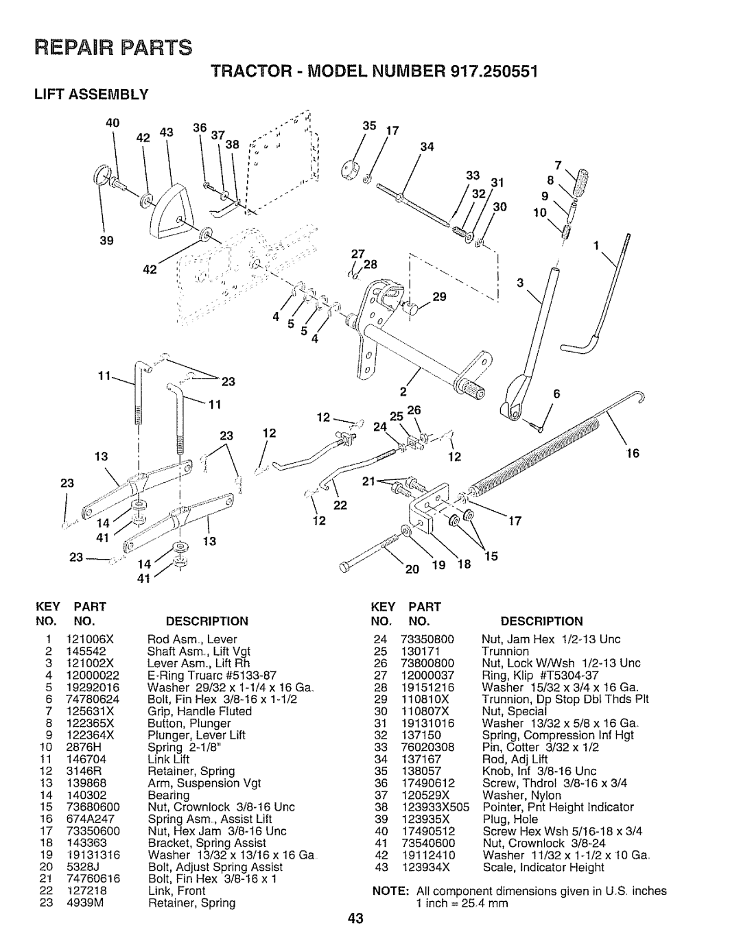 Sears 917.250551 manual Tractor Model, Lift Assembly, KEY Part NO. no 