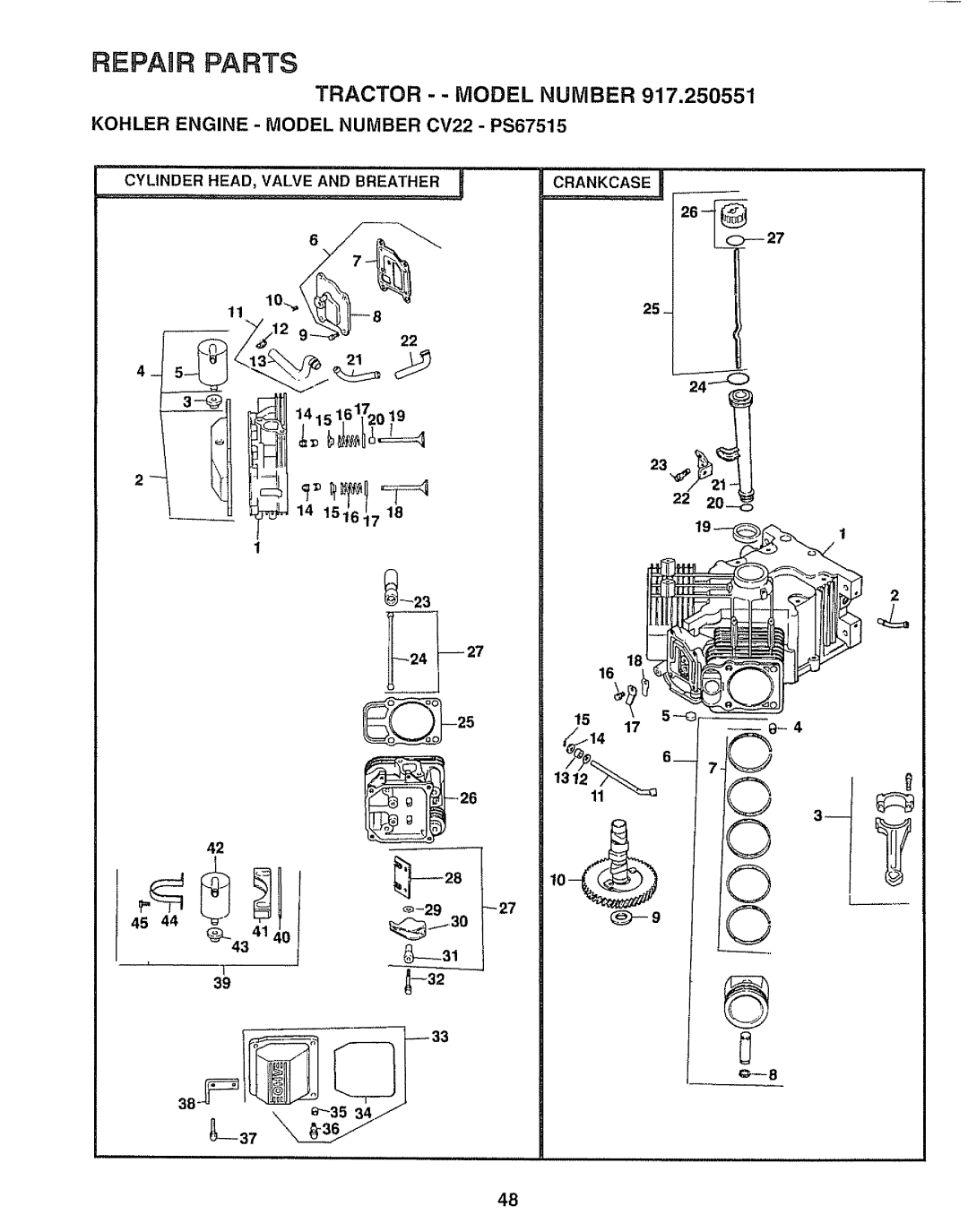 Sears 917.250551 Kohler Engine Model Number CV22 PS67515, Cylinder HEAD, Valve and Breather, Crankcase, 151517 131211 