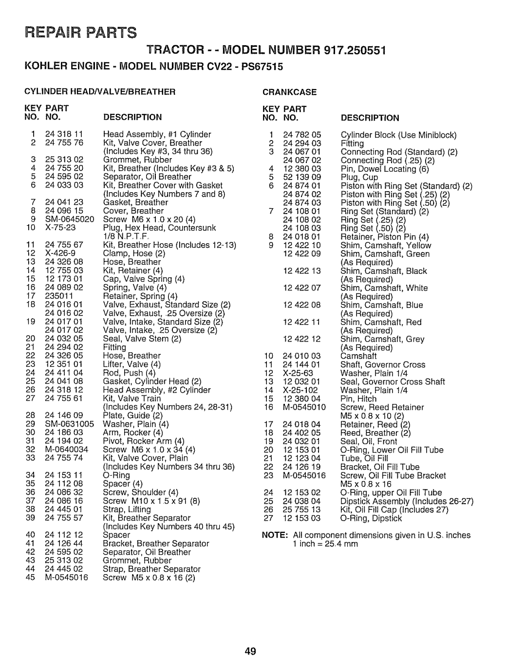 Sears 917.250551 manual Cylinder HEAD/VALVE/BREATHER KEY Part Description, Crankcase KEY Part NO. no 