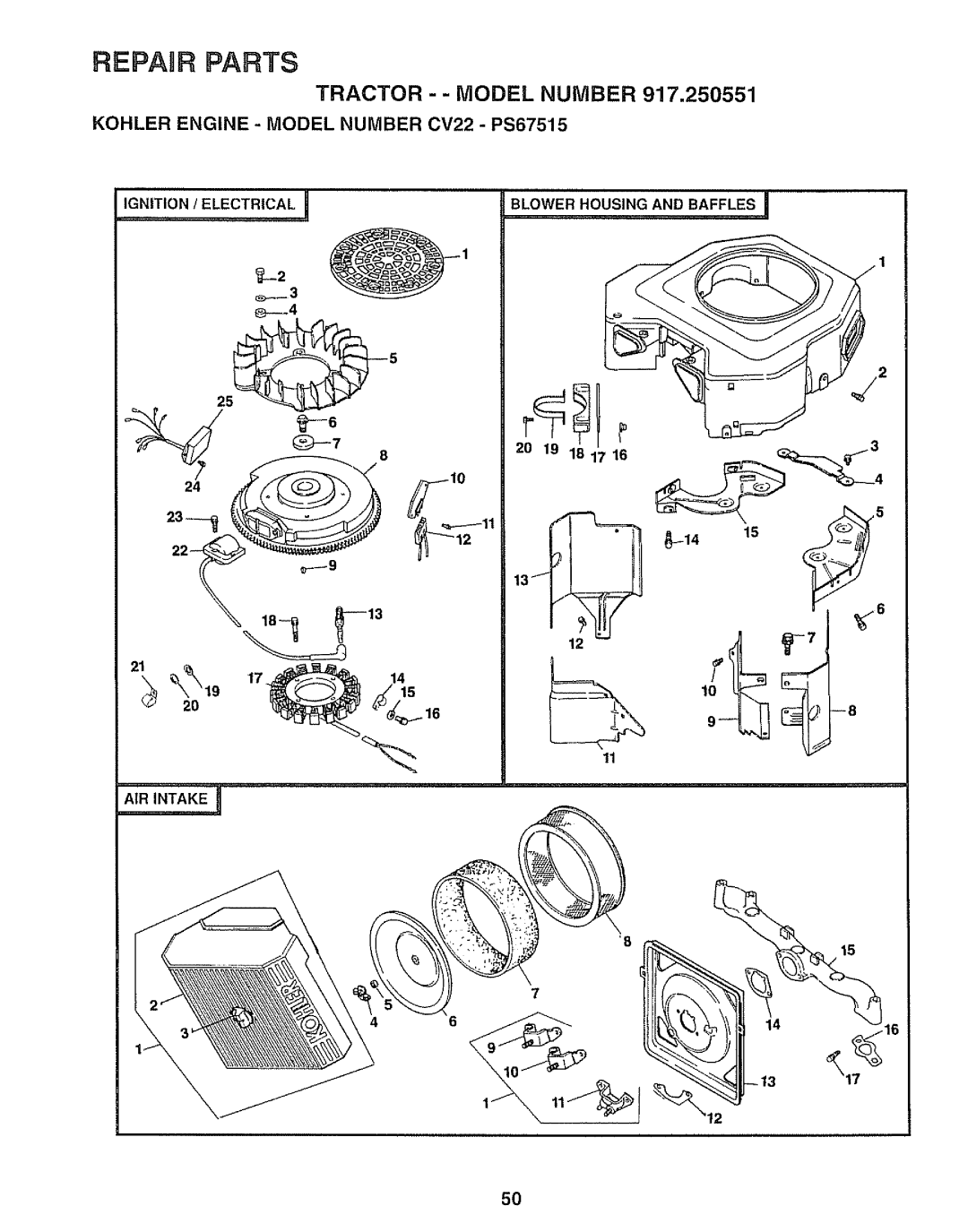 Sears 917.250551 manual Ignition / Electrical Blower Housing and Baffles, 255, AIR Intake 