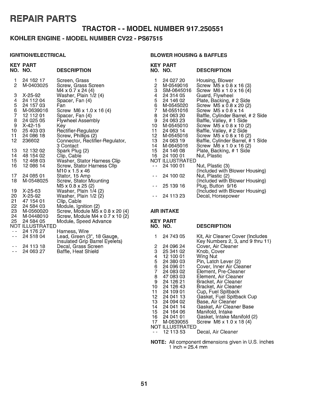 Sears 917.250551 manual Tractor --MODEL Number, Not Illustrated, AIR Intake KEY Part, NOo NOoDESCRIPTION 