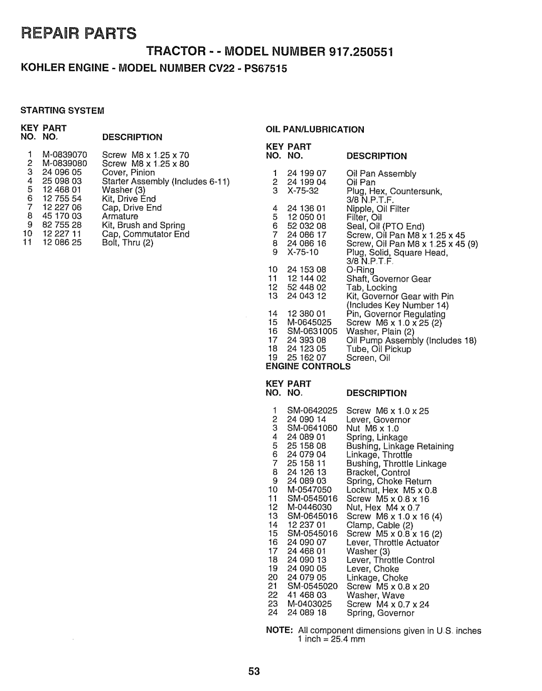 Sears 917.250551 manual Starting System KEY Part Description OIL PAN/LUBRICATION, NOo, Engine Controls 