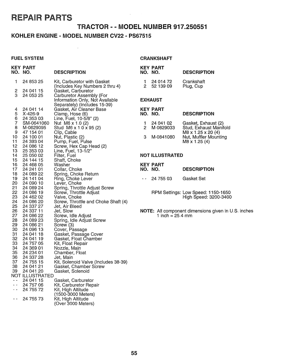 Sears 917.250551 Fuel System KEY Part, Crankshaft KEY Part Description, Exhaust KEY Part Description, Not Illustrated 