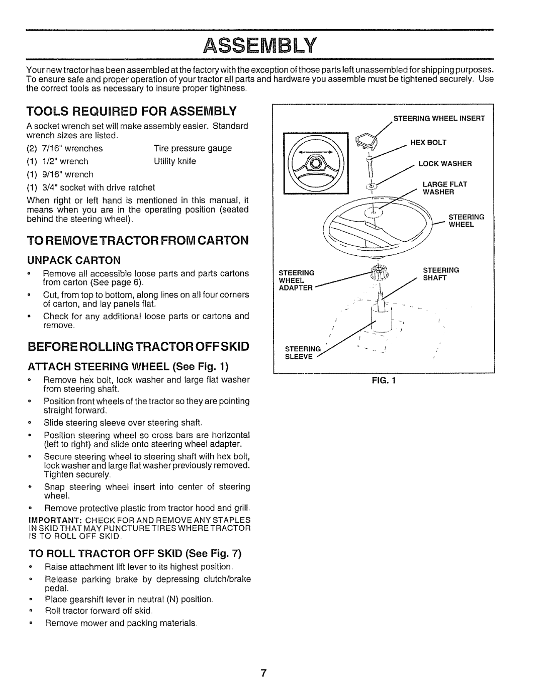 Sears 917.250551 manual Tools Required for Assembly, To Remove Tractor from Carton, Unpack Carton, Attach Steering Wheel 