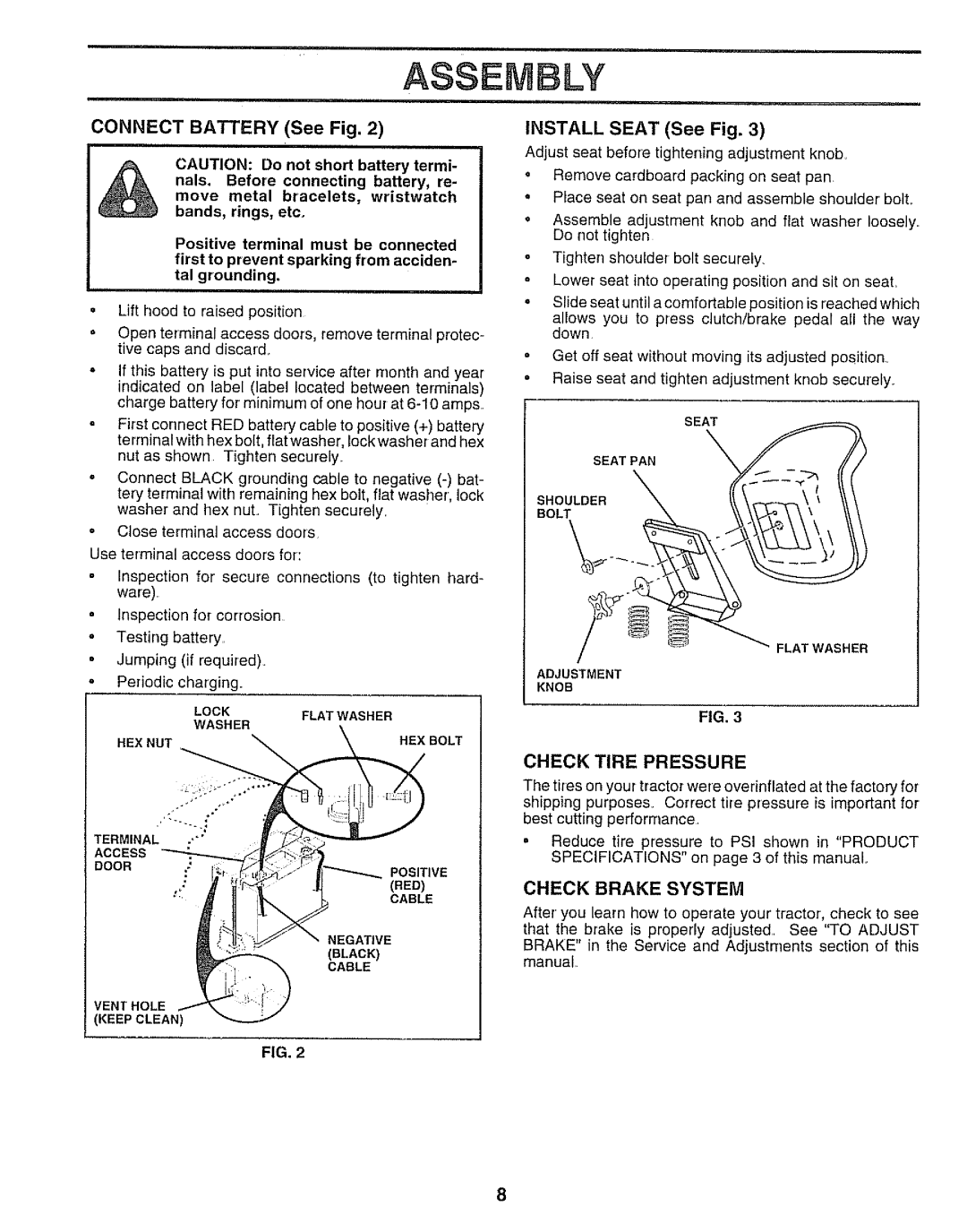 Sears 917.250551 manual Check Tire Pressure, Check Brake System, Install Seat See Fig 