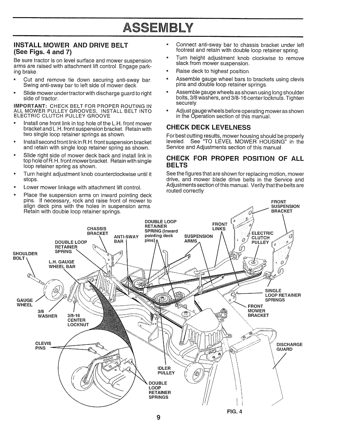 Sears 917.250551 Assembly, Check Deck Levelness, Check for Proper Position of ALL Belts, Install Mower and Drive Belt 