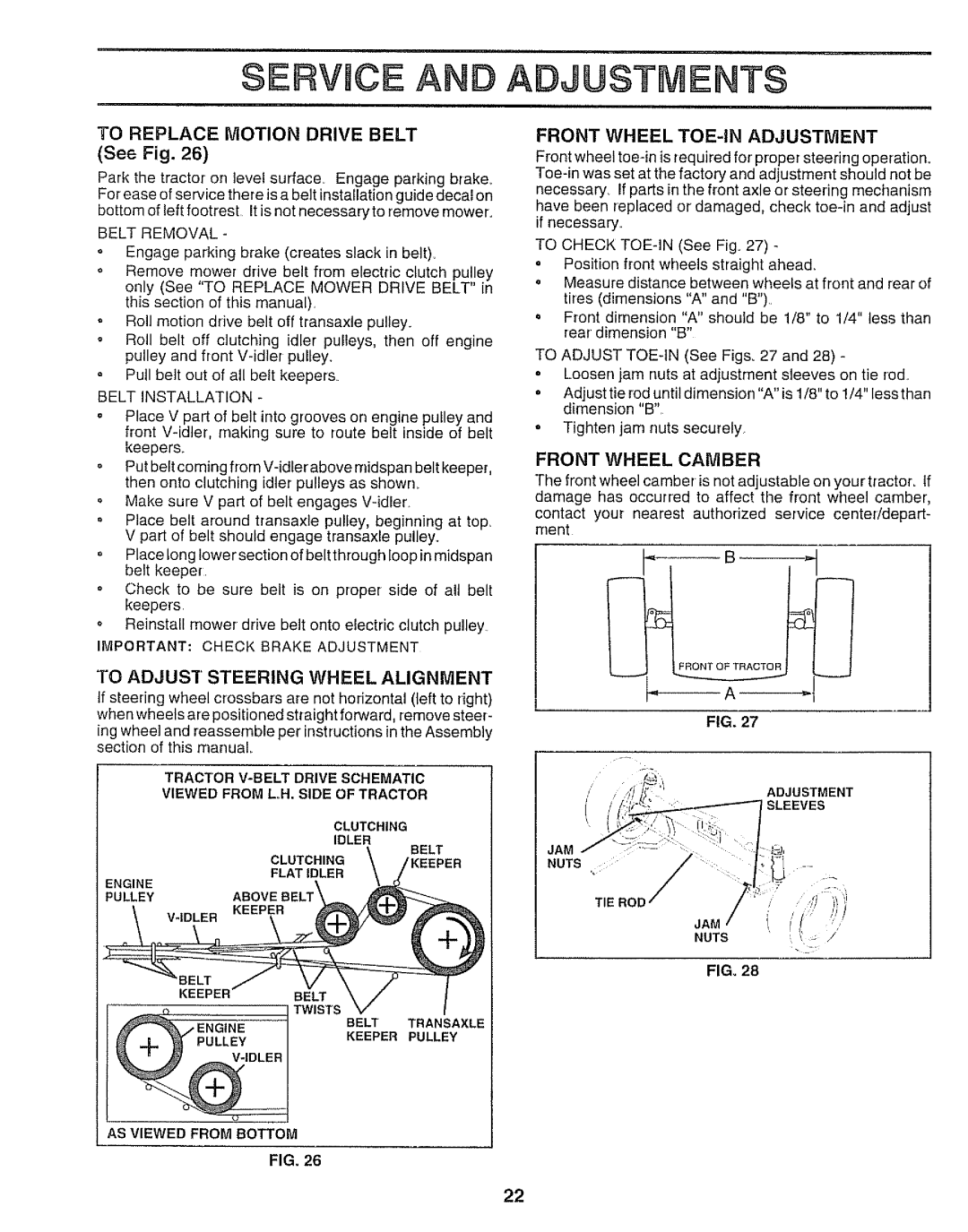 Sears 917.250551 manual Service And Adjustments, To Replace Motion Drive Belt, To Adjust Steering Wheel Alignment, See Fig 