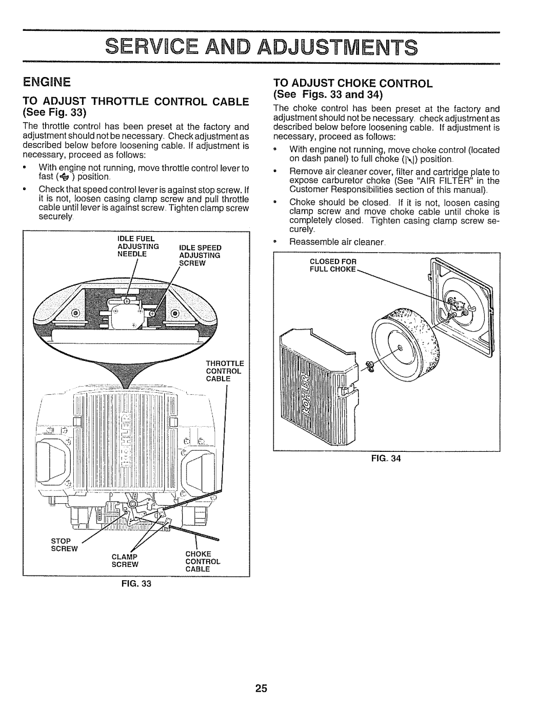 Sears 917.250551 manual Servuce Adjustments, See Figs. 33 and, Engine 