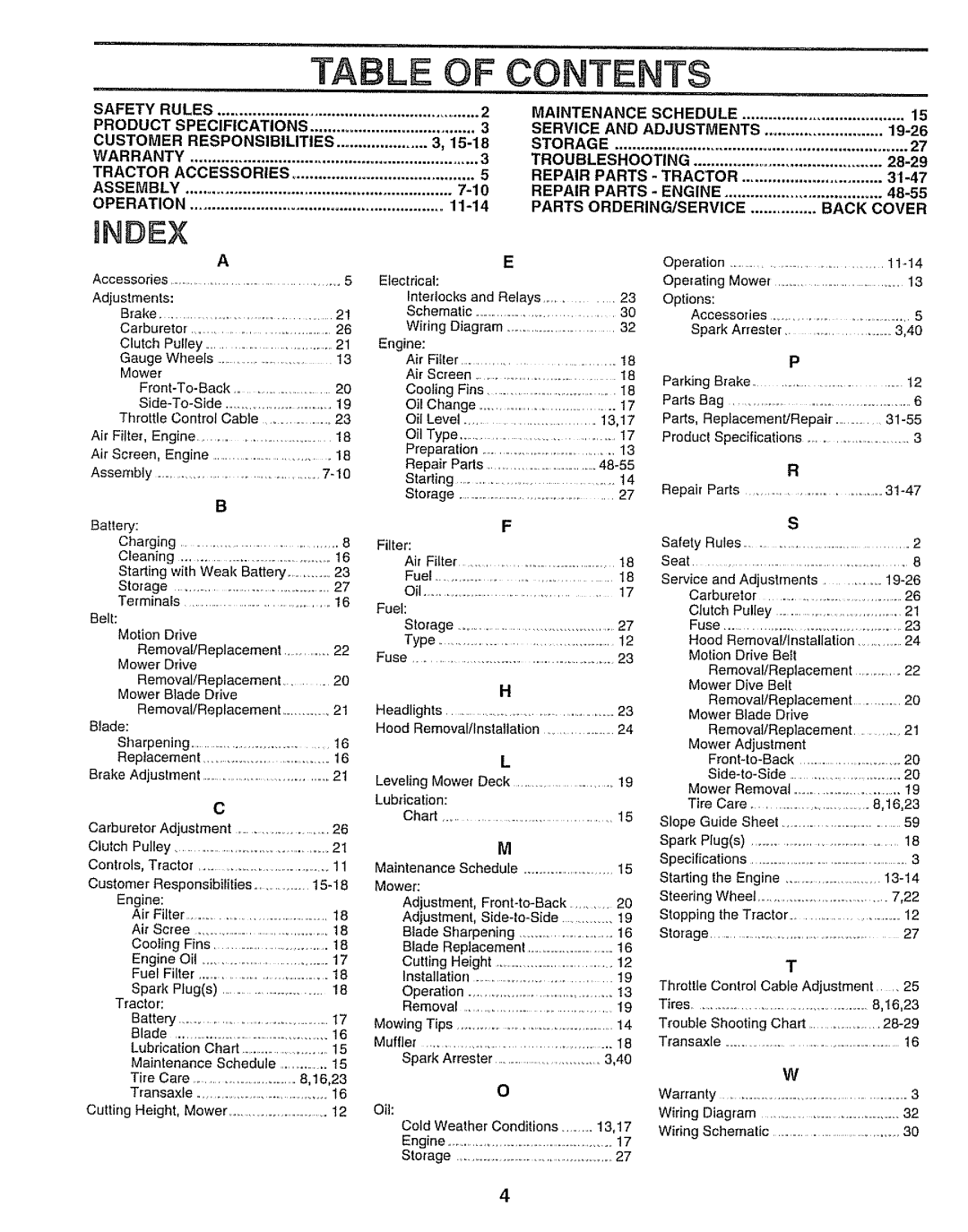 Sears 917.250551 manual Table, Contents, Index 