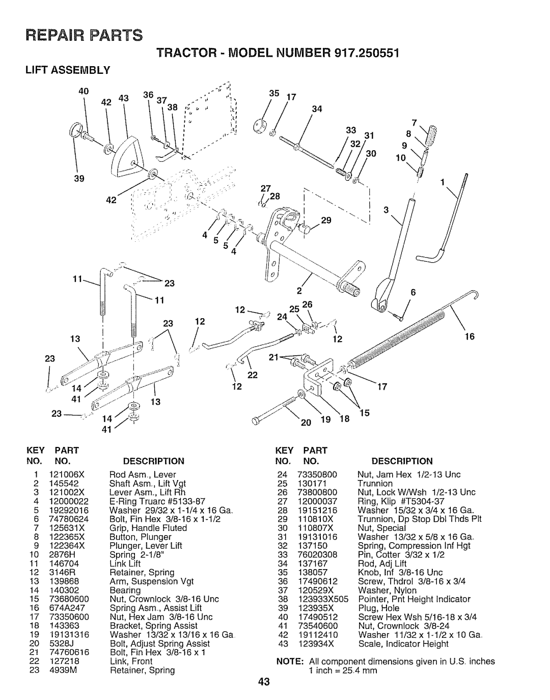Sears 917.250551 manual Tractor - Model, Number, Lift Assembly, 34 33 31, 11 23, 23 22 12, Repair Parts, Description 