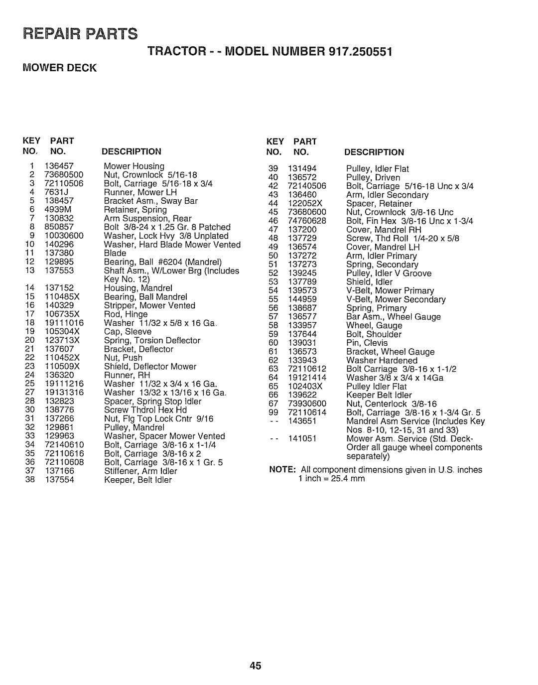 Sears 917.250551 manual REPAaR PARTS, Key Part No, No, Tractor - - Model Number, Mower Deck, Description 
