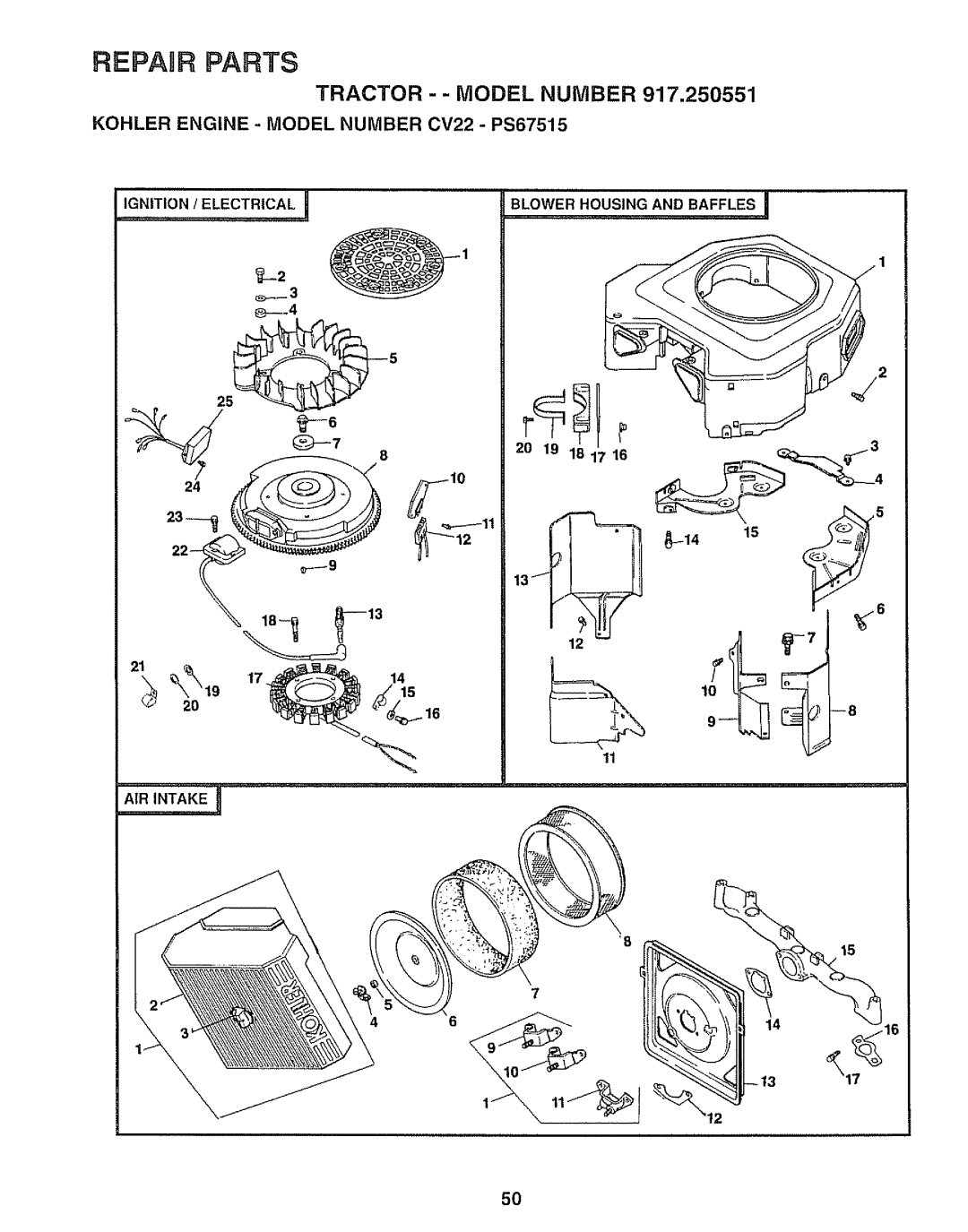 Sears 917.250551 manual Ignition / Electrical, Blower Housing And Baffles, _1._5, AIR INTAKE 7 4 16, _2 O, Repair Parts 