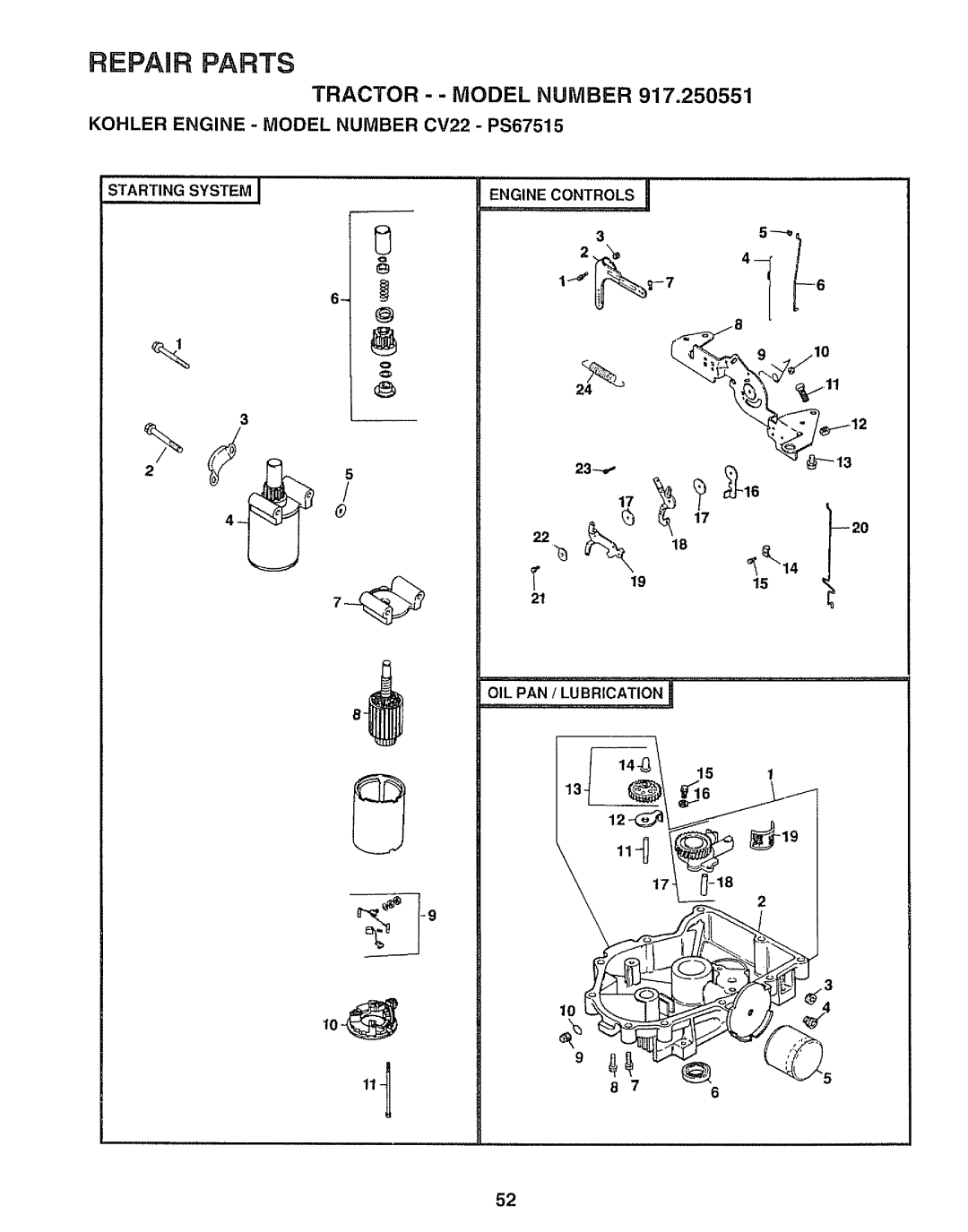 Sears 917.250551 manual STARTING SYSTEM 3, 3 25, 1_7 _j--16, Repaur Parts, Tractor - - Model Number 