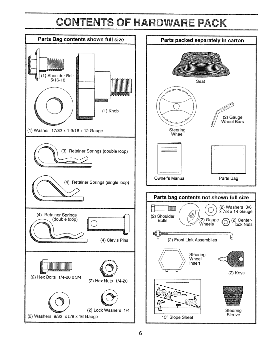 Sears 917.250551 manual Contents Of Hardware Pack, Parts Bag contents shown full size, Parts packed separately in carton 