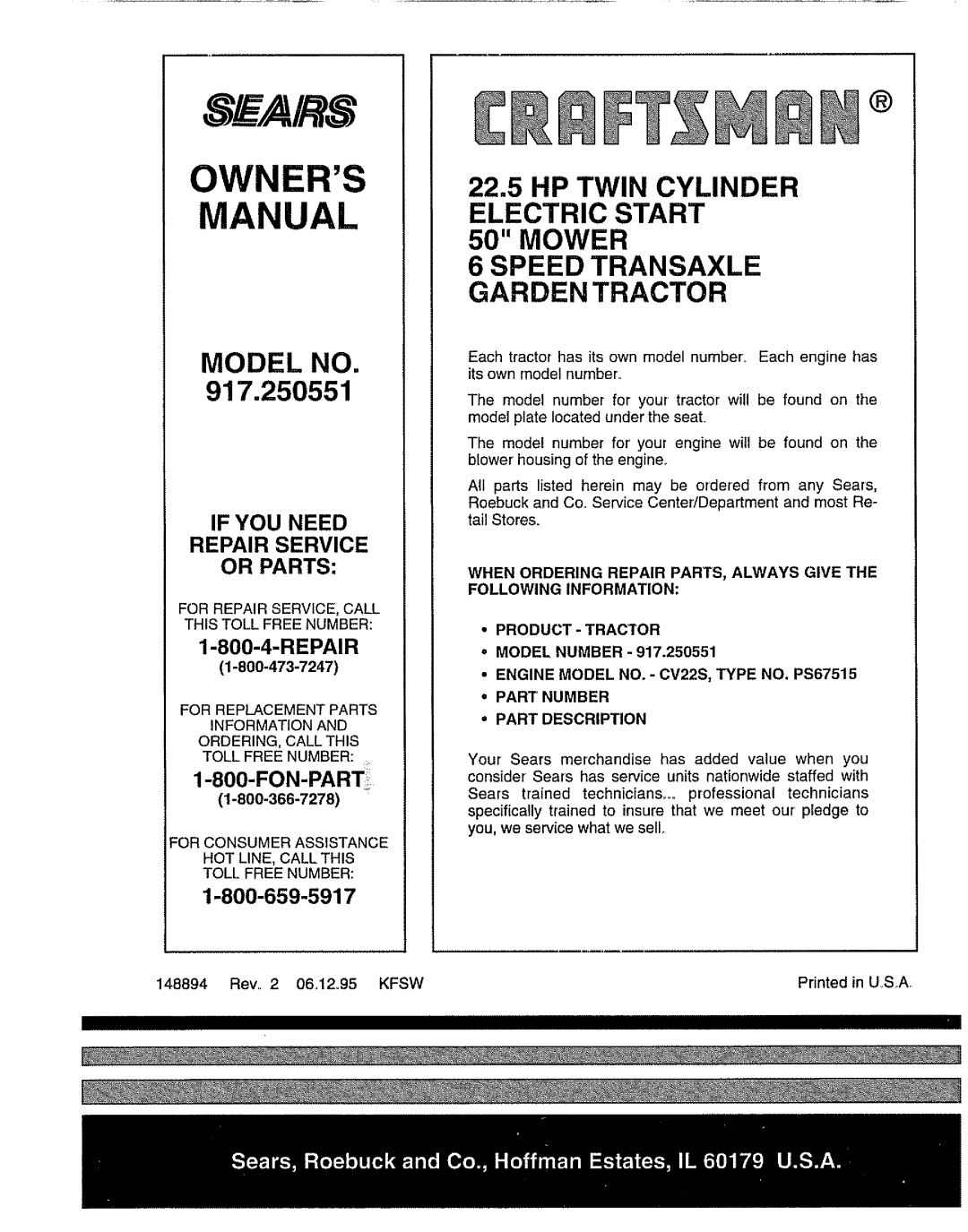 Sears 917.250551 Owners Manual, Model No, 22.5HP TWIN CYLINDER ELECTRIC START, MOWER 6 SPEED TRANSAXLE GARDEN TRACTOR 