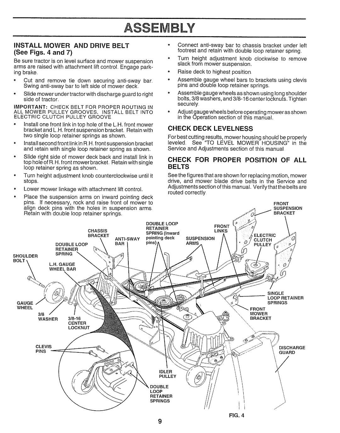Sears 917.250551 manual Assembly, See Figs. 4 and, Check Deck Levelness, Check For Proper Position Of All Belts 