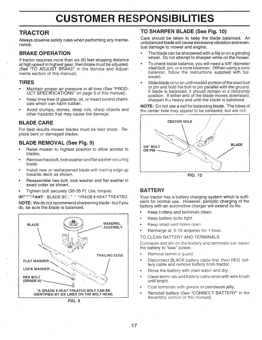 Sears 917.25147 owner manual Tractor, Brake Operation, Blade Care, Blade Removal See Fig, Battery 