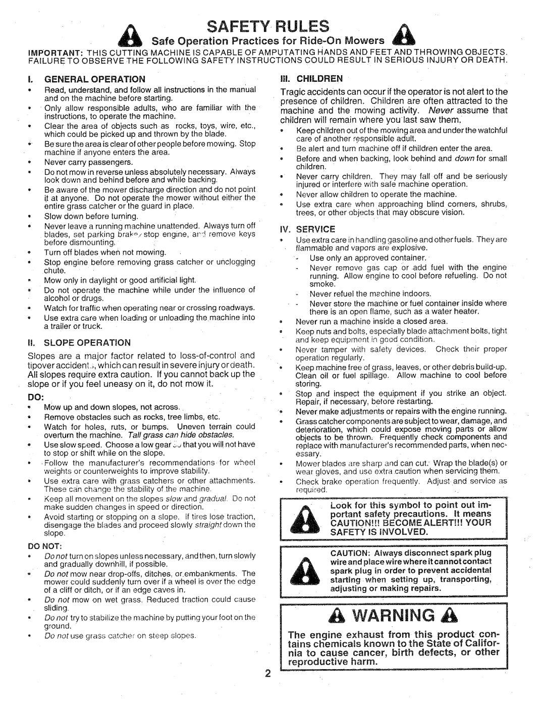 Sears 917.25147 owner manual Safe Operation Practices for Ride-On Mowers, II, Slope Operation, Reproductive harm 