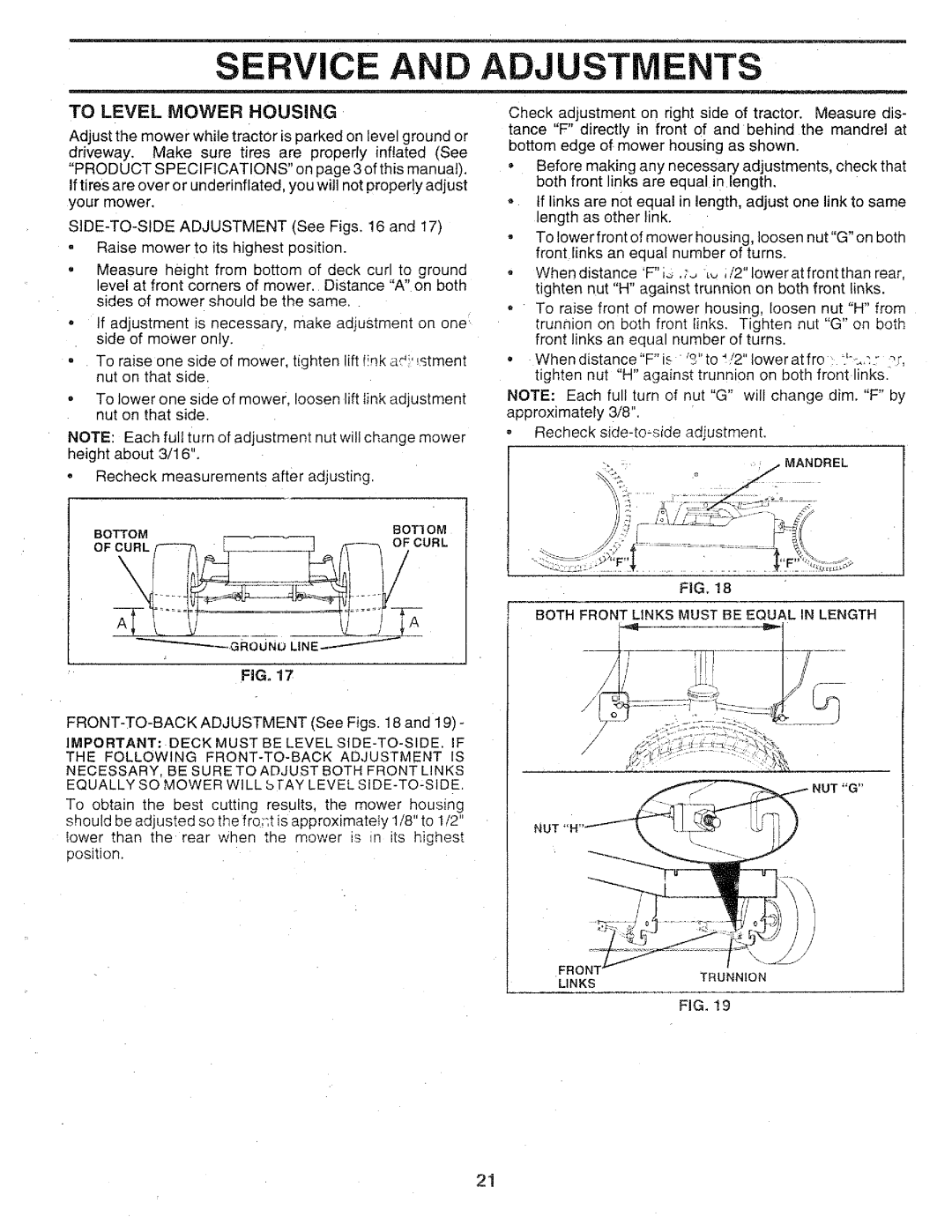 Sears 917.25147 owner manual Service and Adjustments, To Level Mower Housing, Both Front Links Must be Equal in Length 