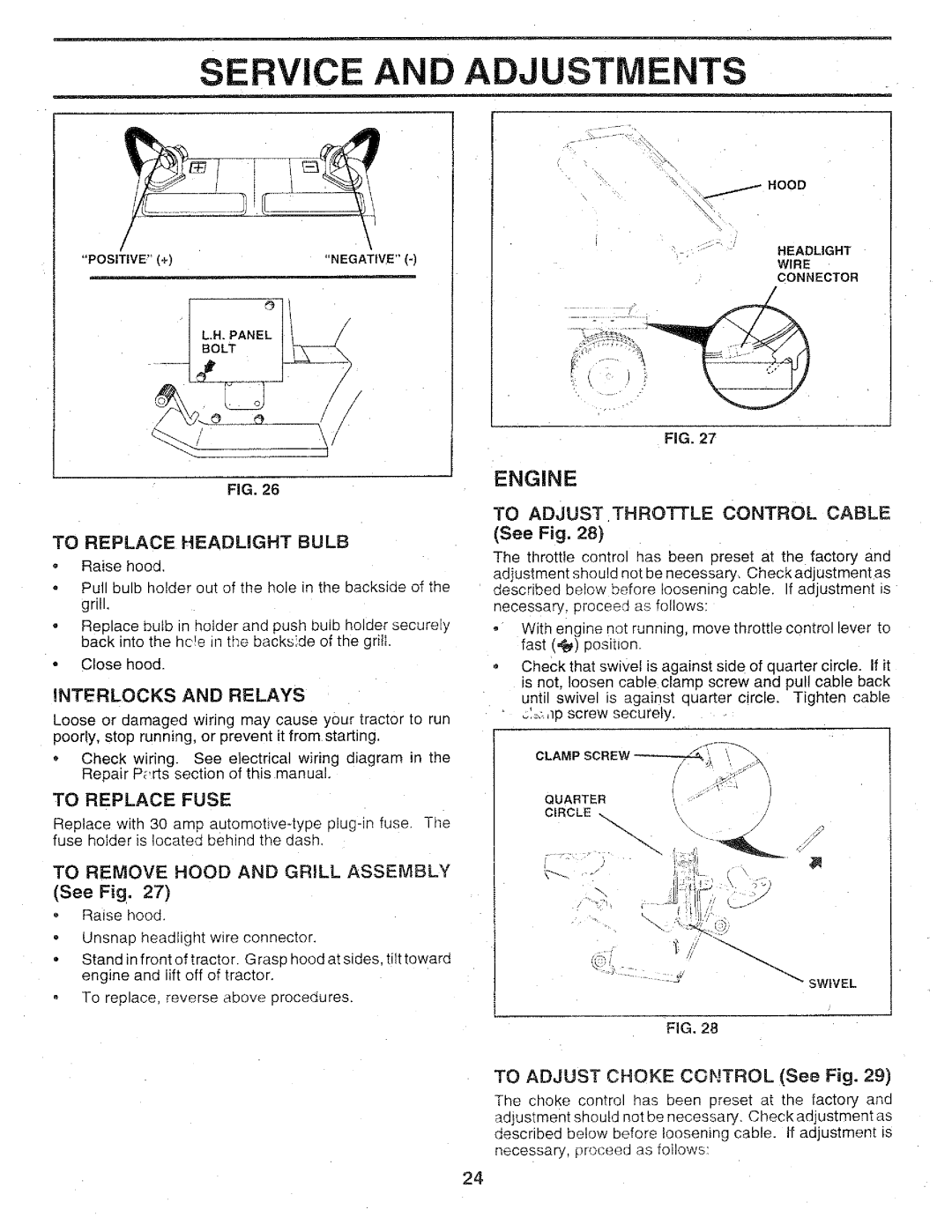 Sears 917.25147 owner manual To Replace Headlight Bulb, To Adjust Throttle Control Cable, To Adjust Choke Control See Fig 