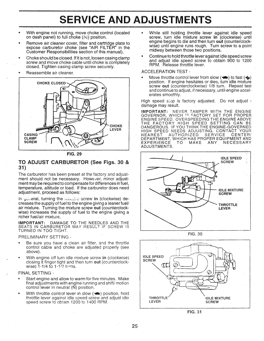 Sears 917.25147 owner manual Preliminary Setting, Final Setting, Acceleration Test 