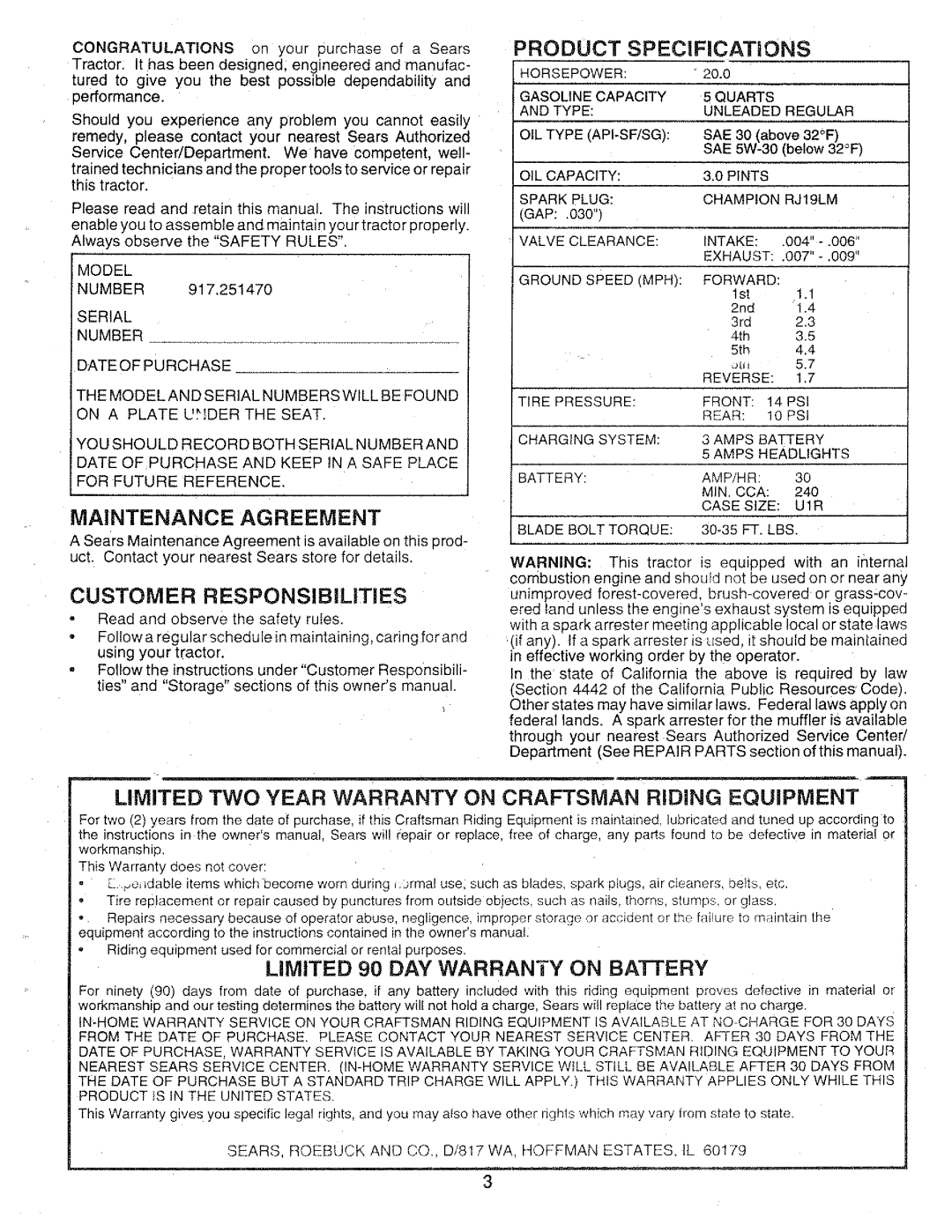 Sears 917.25147 owner manual Maintenance Agreement, Customer Responsibilities, Limited 90 DAY Warranty on Battery 