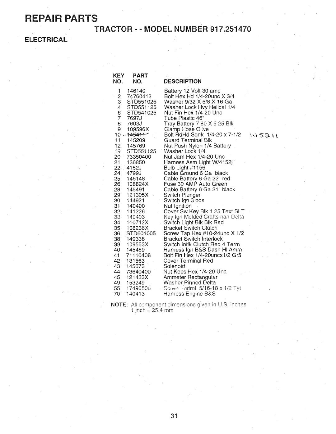 Sears 917.25147 owner manual KEY Part NO. no, Description 