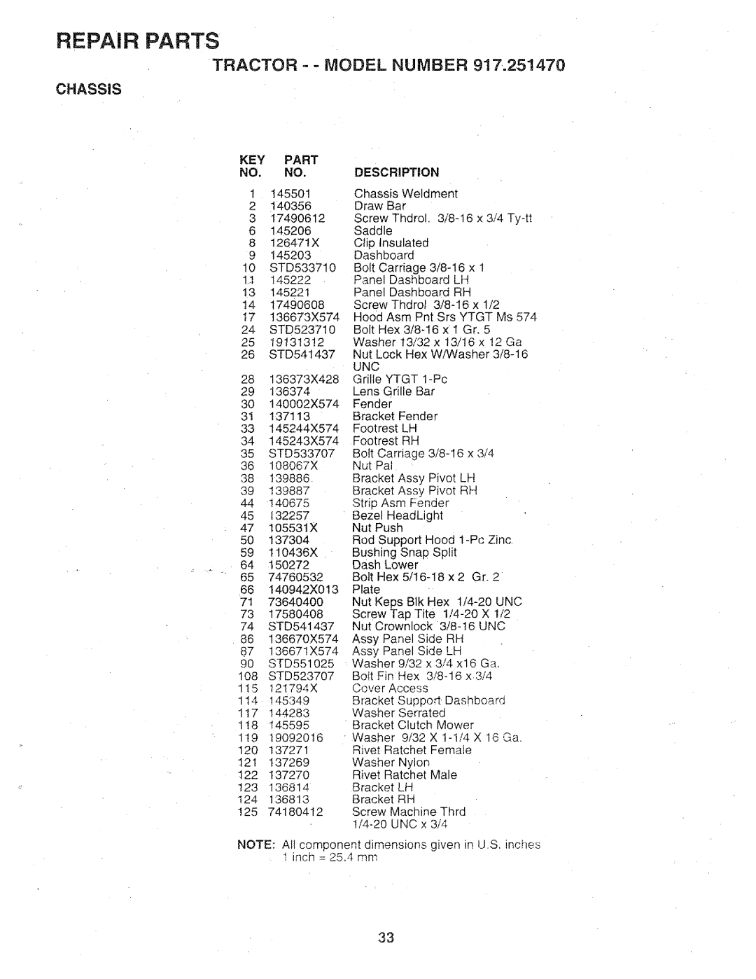 Sears 917.25147 owner manual Tractor = Model Number, Chassis, Key, 136813 