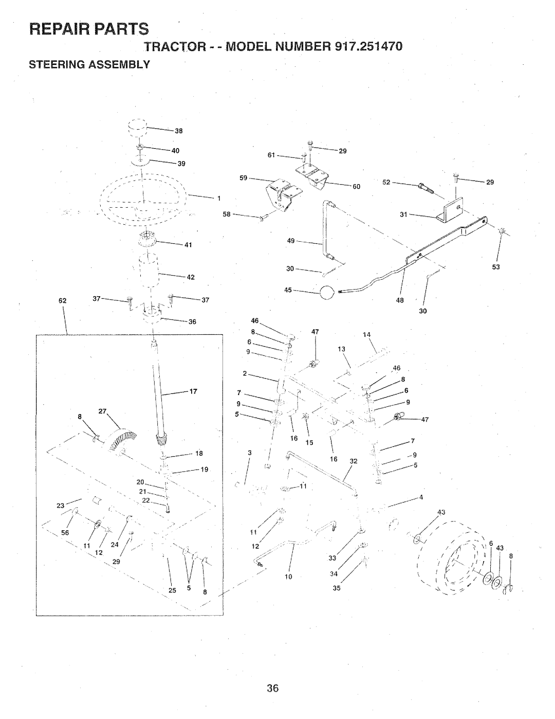 Sears 917.25147 owner manual Tractor -- Model Number 917,251470, Steering Assembly 