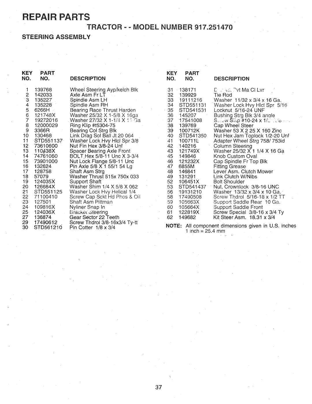 Sears 917.25147 owner manual Steering Assembly, KEY Part Description 