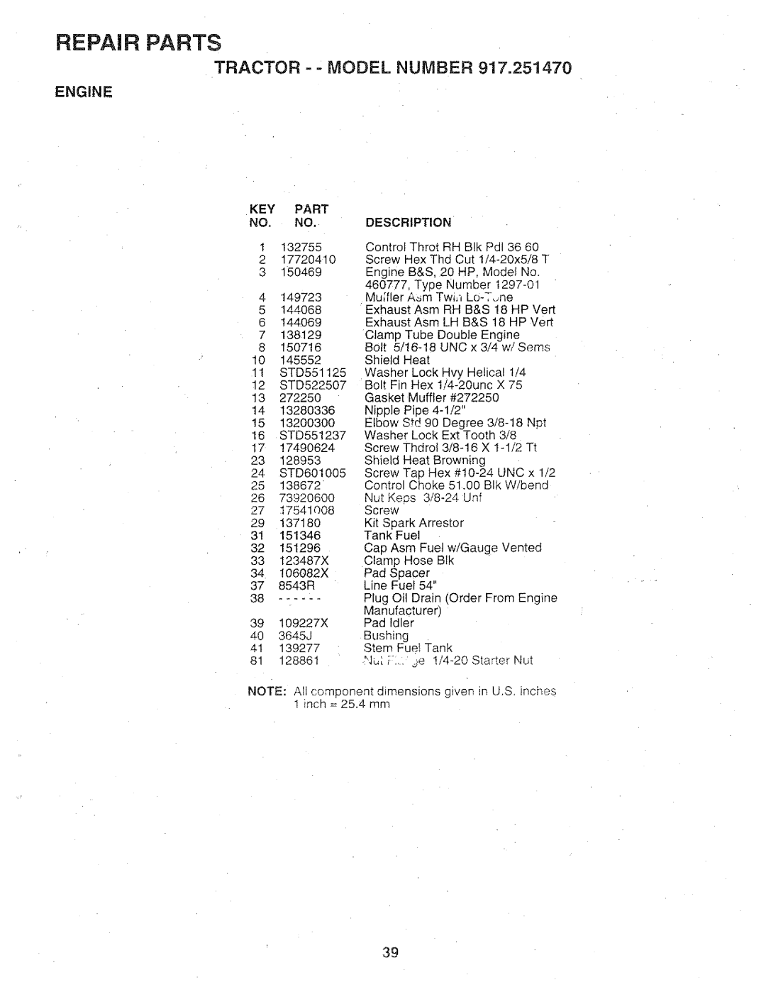 Sears 917.25147 owner manual KEY Part NO. NO. Description 