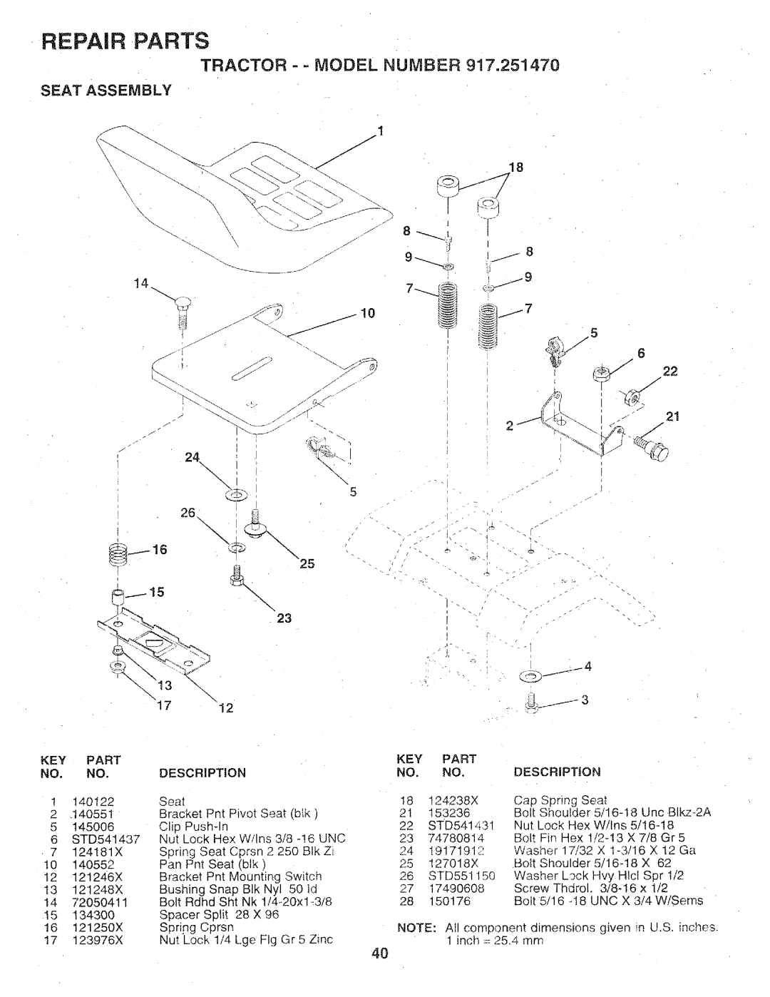 Sears 917.25147 owner manual Tractor -- Model Number, Seat Assembly, KEY Part 