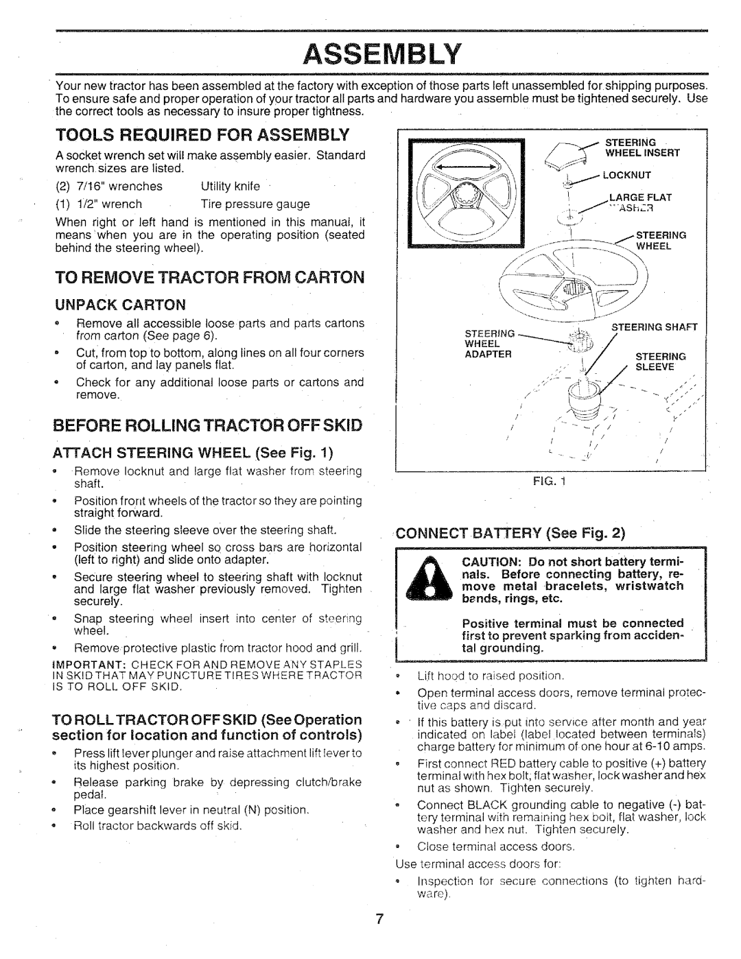 Sears 917.25147 Tools Required for Assembly, To Remove Tractor from Carton, Before Rolling Tractor OFF Skid, Unpack Carton 