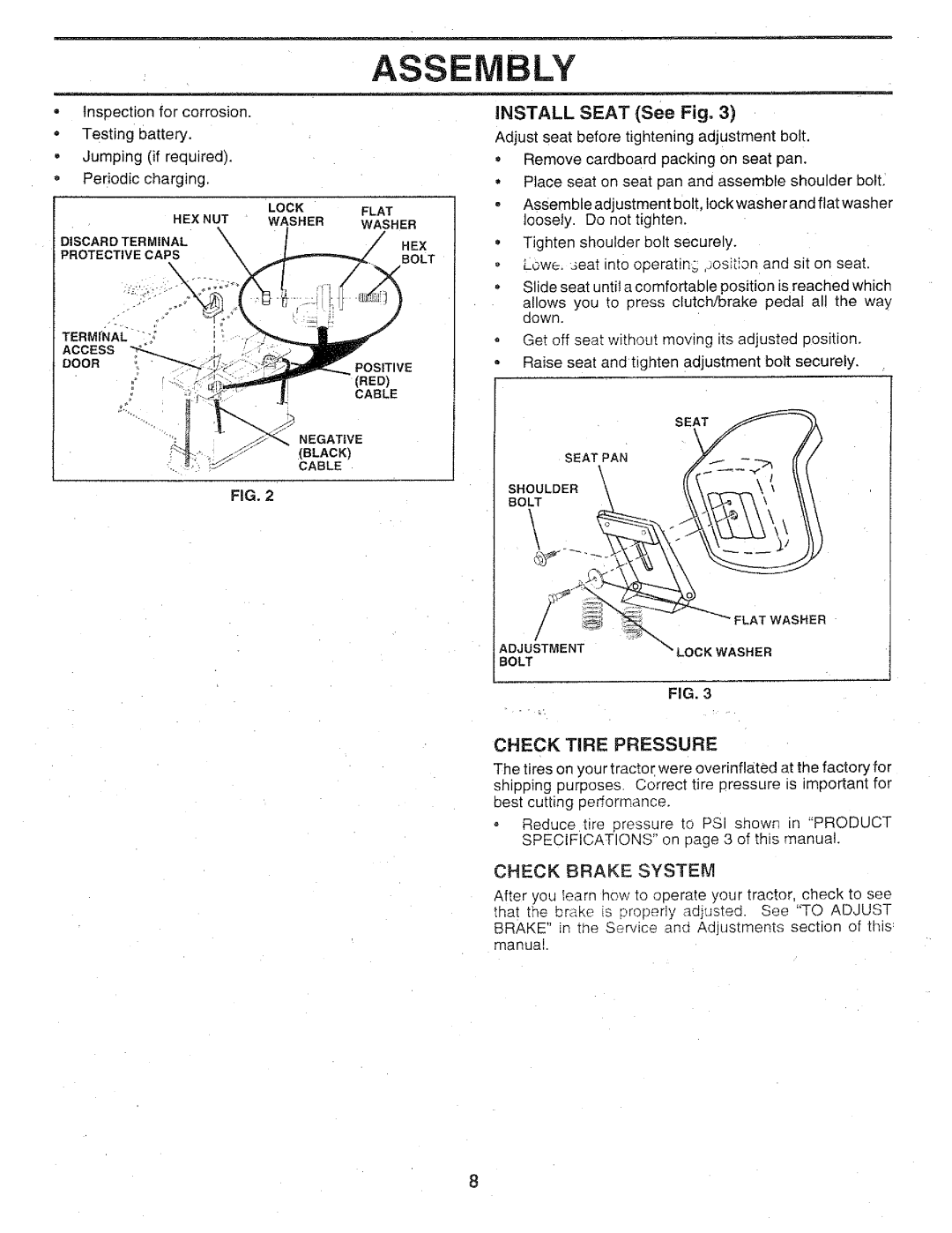 Sears 917.25147 owner manual Assembly, Install Seat See Fig, Check Tire Pressure, Check Brake System 