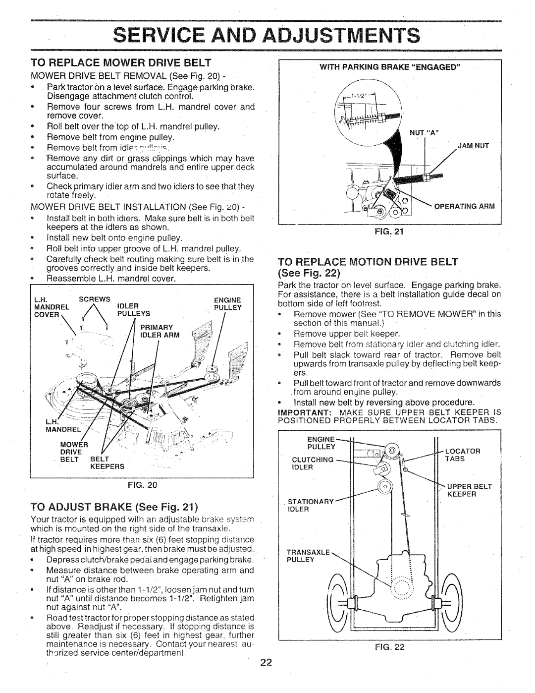 Sears 917.25147 owner manual Ervice And, Adjustments, TO ADJUST BRAKE See Fig 
