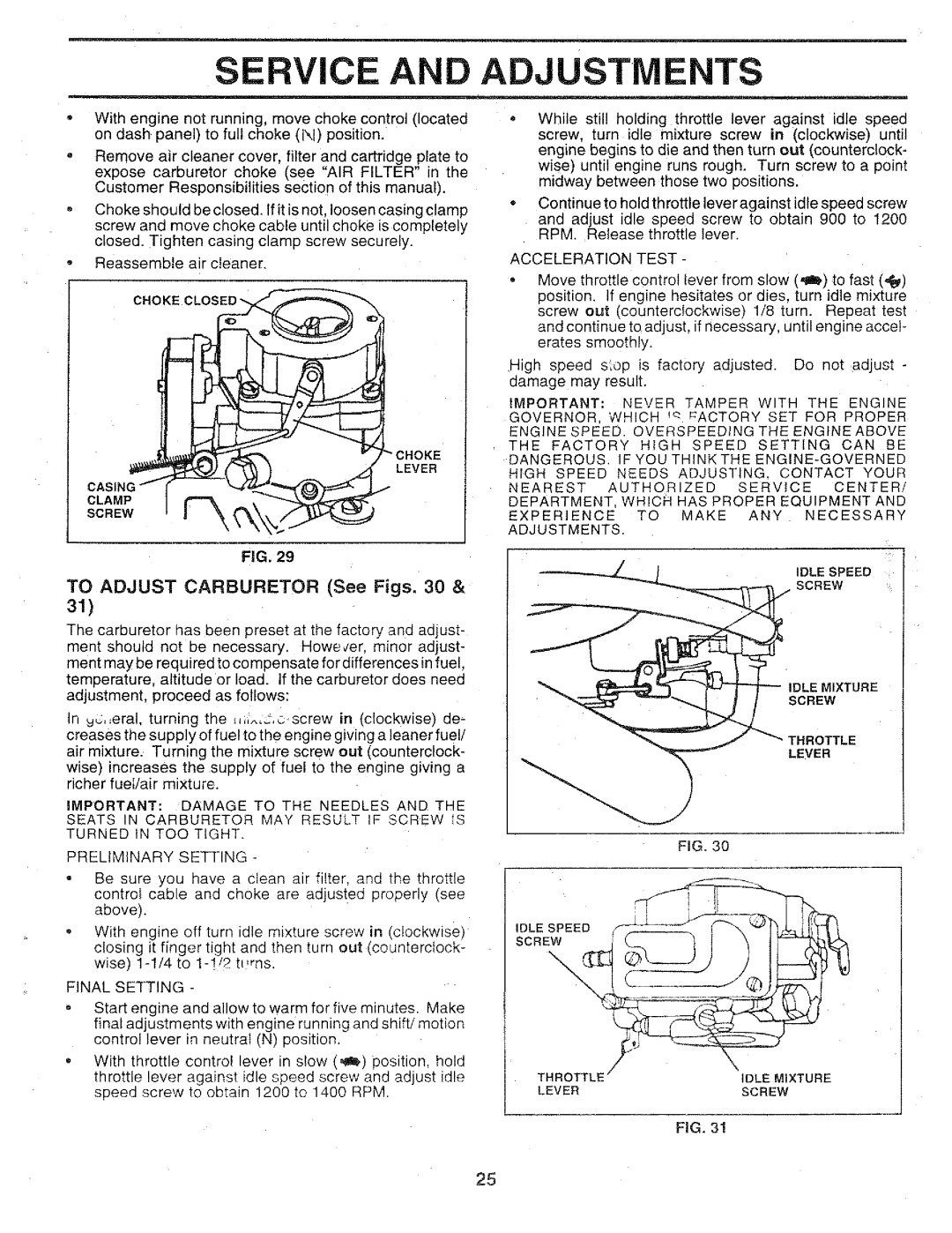 Sears 917.25147 owner manual Service Adjustments, Reassemble a rcleaner 