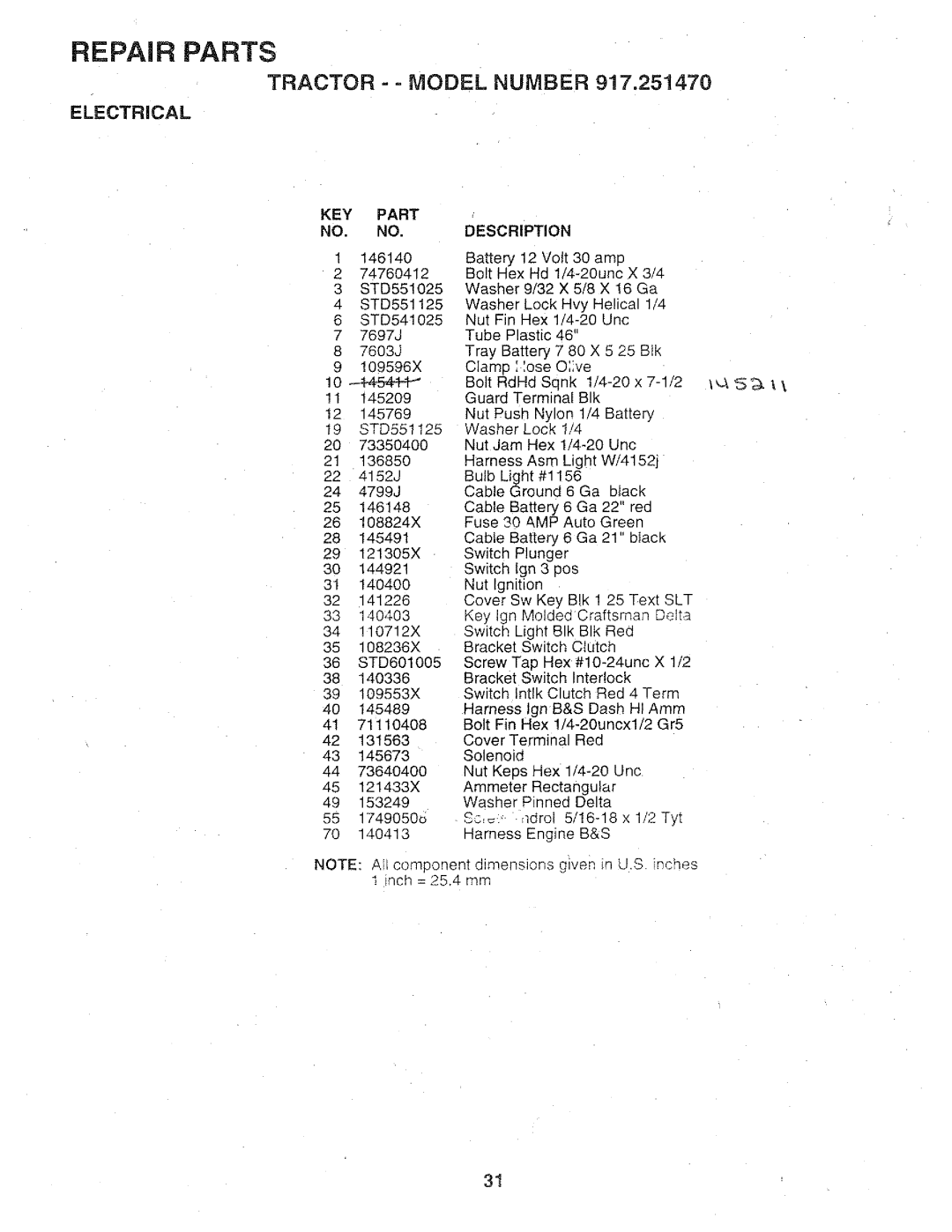 Sears 917.25147 owner manual Repair Parts, TRACTOR - = MODEL NUMBER 917.251, Electrical 