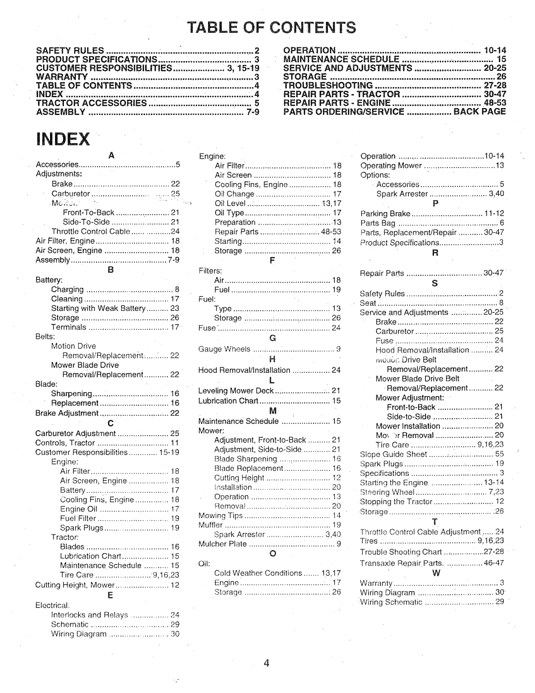 Sears 917.25147 owner manual Table Of Contents, Product, iNDEX 