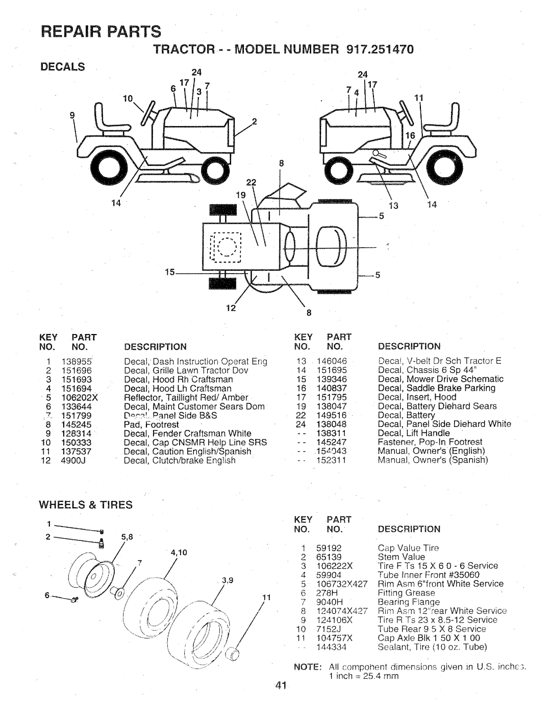Sears 917.25147 owner manual Repair, Parts, Decals, Wheels & Tires, 2424, Tractor - - Model Number 