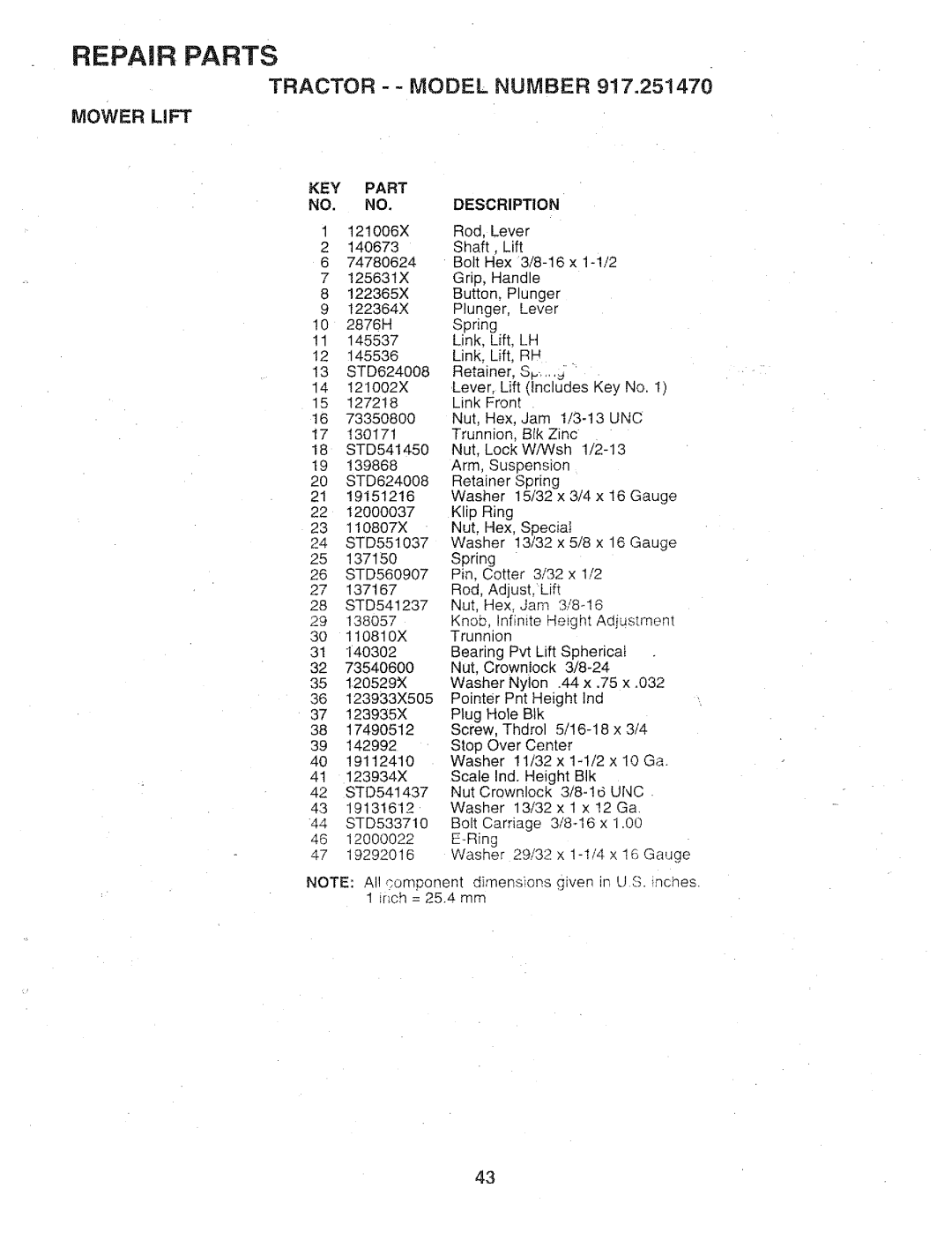 Sears 917.25147 owner manual Mower Lift, Repair Parts, Tractor - - Model Number, KEY PART NO. NO 1121006X, Description 