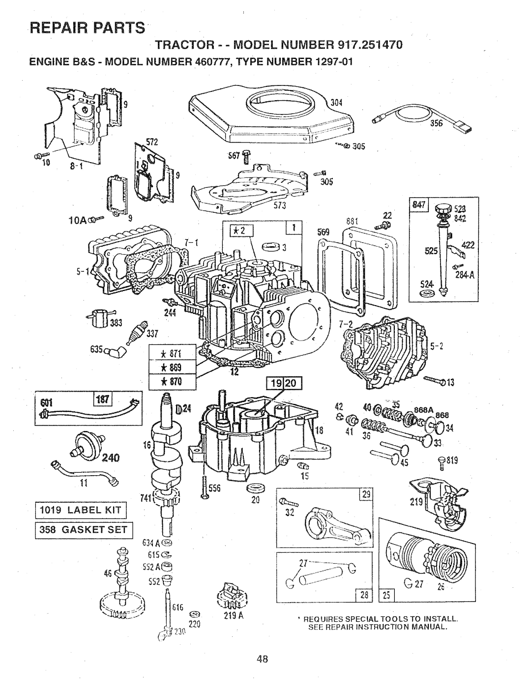 Sears 917.25147 owner manual ENGINE B&S - MODEL NUMBER 460777, TYPE NUMBER, Repair Parts, Tractor - - Model Number 