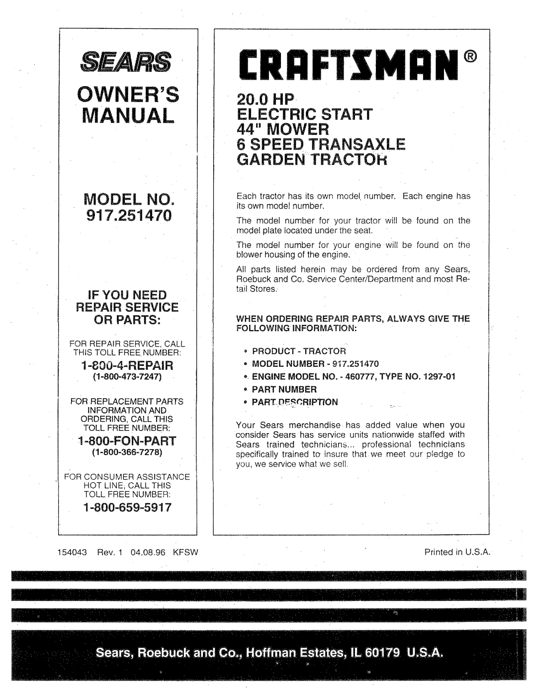 Sears Owners Manual, Model No, 917.251470, 20.0HP ELECTRIC START 44 MOWER, Speed Transaxle Garden Tractoh, Repair 