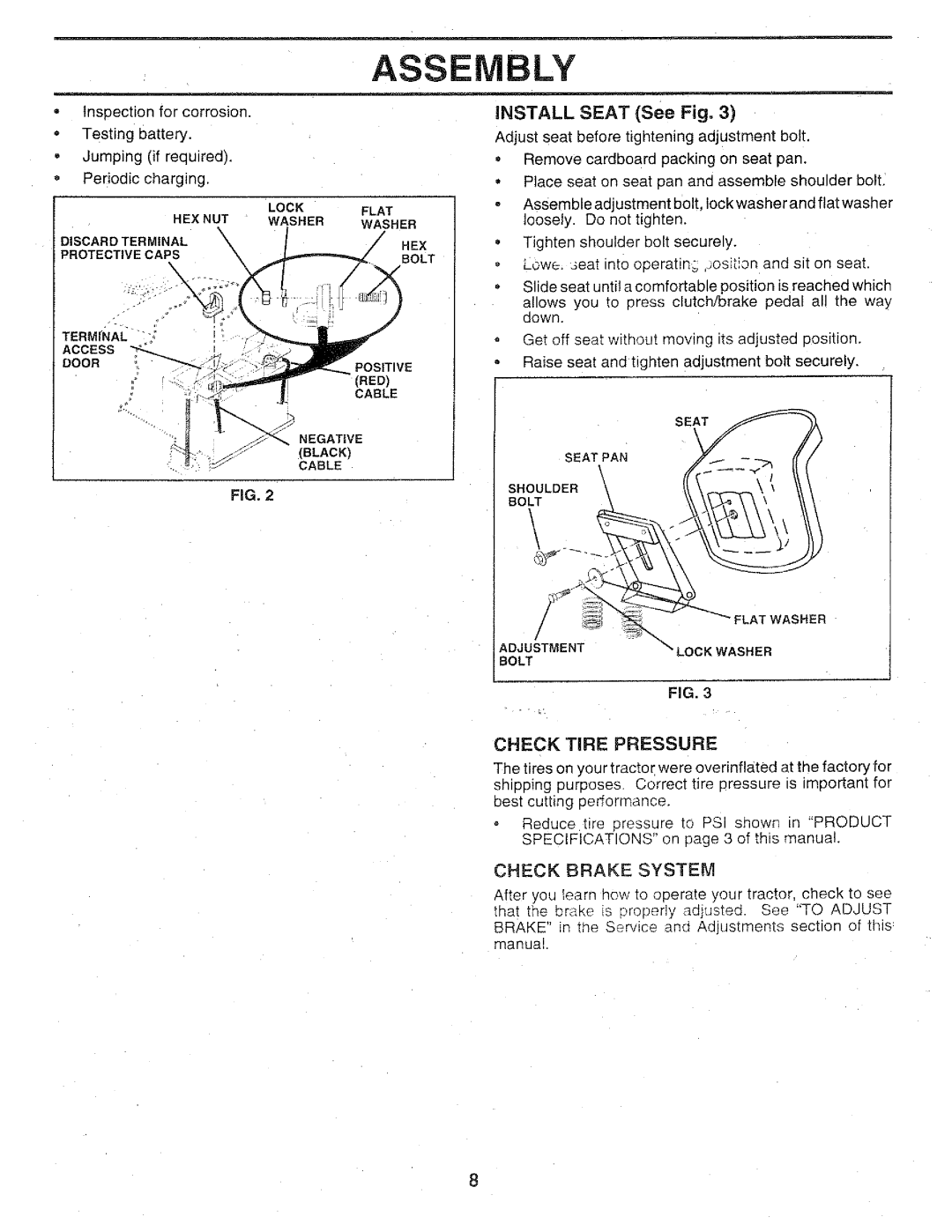 Sears 917.25147 owner manual Assembly, INSTALL SEAT See Fig, Check Tire Pressure, Check Brake System 