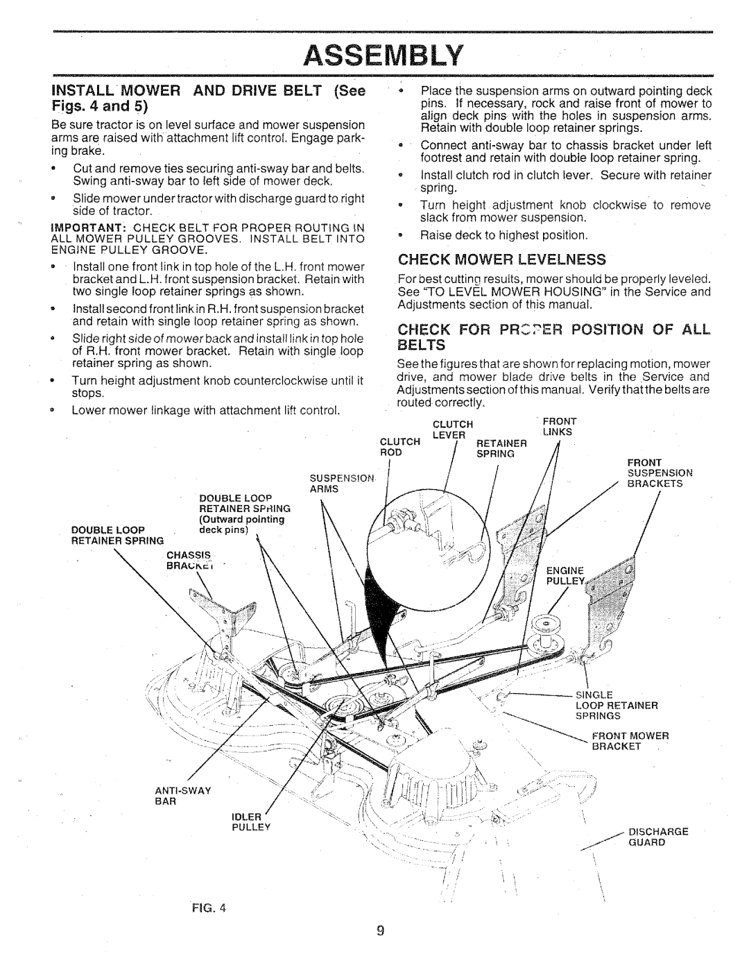 Sears 917.25147 owner manual Assembly, INSTALL MOWER AND DRIVE BELT See Figs. 4 and, CHECK FOR PRC2ER POSITION OF ALL BELTS 